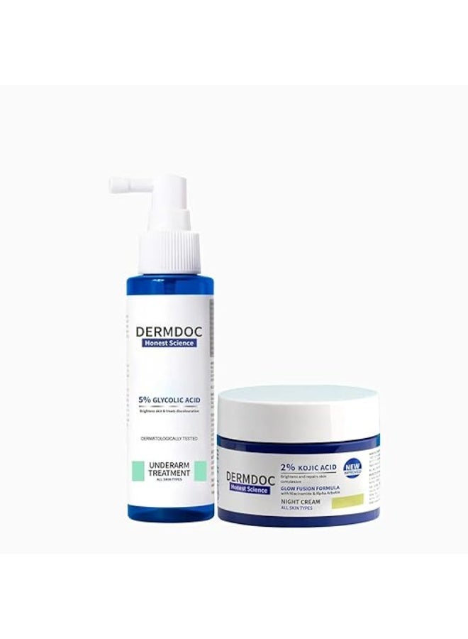 DermDoc Brighten Up Combo | 2% Kojic Acid Night Cream with Niacinamide-25g & 5% Glycolic Acid Underarm Brightening Spray Treatment -100 m | for Prevents Acne - Image 1